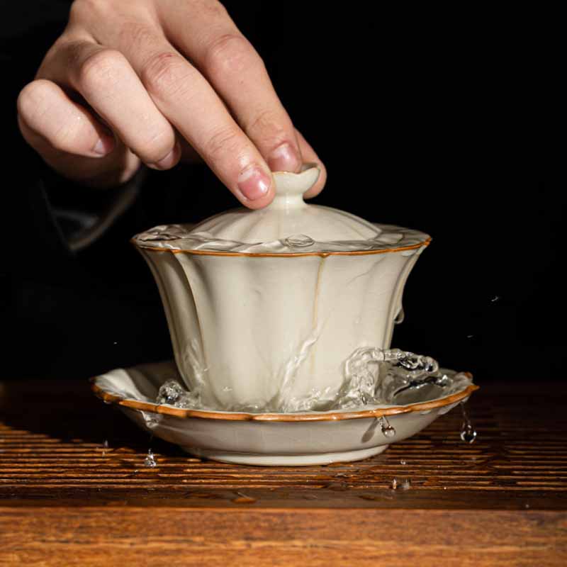 Buddha Stones Beige Plum Blossom Shape Peach Branch Ceramic Gaiwan Sancai Teacup Kung Fu Tea Cup With Lid - image 5