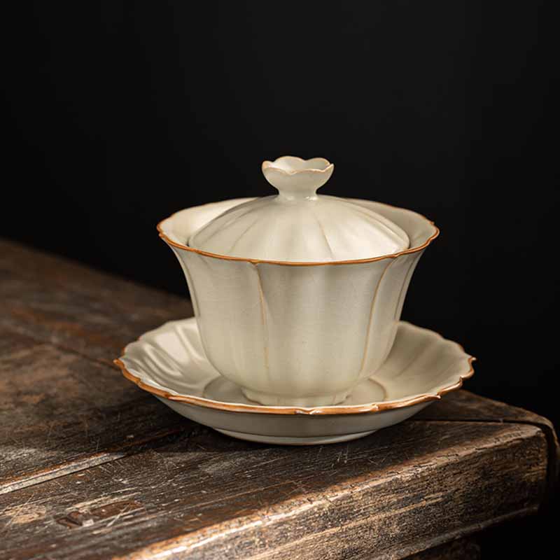 Buddha Stones Beige Plum Blossom Shape Peach Branch Ceramic Gaiwan Sancai Teacup Kung Fu Tea Cup With Lid - image 4