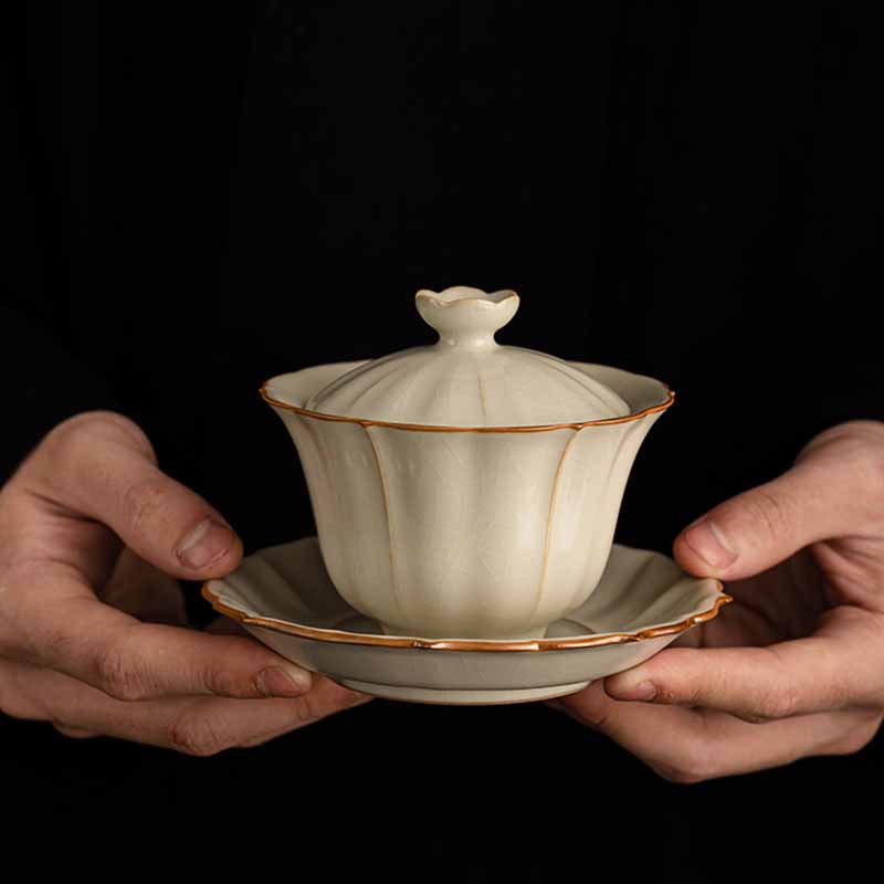 Buddha Stones Beige Plum Blossom Shape Peach Branch Ceramic Gaiwan Sancai Teacup Kung Fu Tea Cup With Lid - image 3