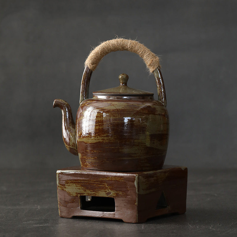 Buddha Stones Retro Brown Chinese Gongfu Tea Ceramic Kung Fu Teapot 700ml With Base - Brown Green 15.7cm*17.0cm*700ml - image 1