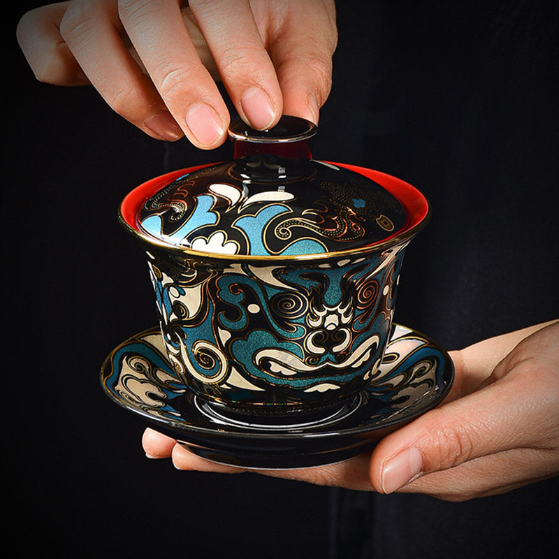 Buddha Stones Peking Opera Mask Pattern Ceramic Gaiwan Sancai Teacup Kung Fu Tea Cup And Saucer With Lid Teapot - Gaiwan Teacup 10cm *9cm*125ml - image 0
