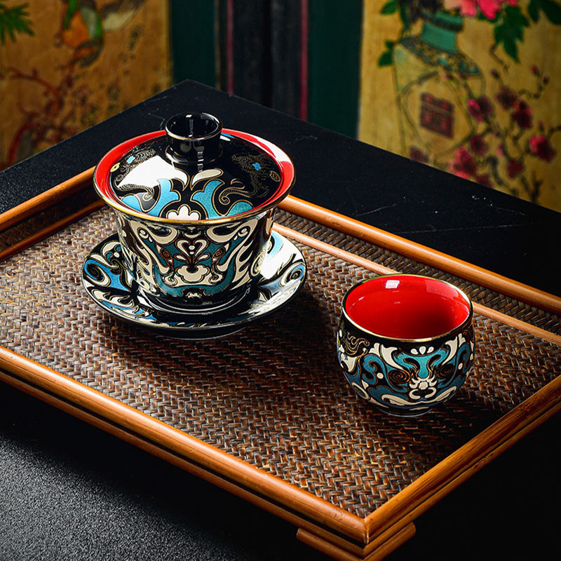 Buddha Stones Peking Opera Mask Pattern Ceramic Gaiwan Sancai Teacup Kung Fu Tea Cup And Saucer With Lid Teapot - image 4