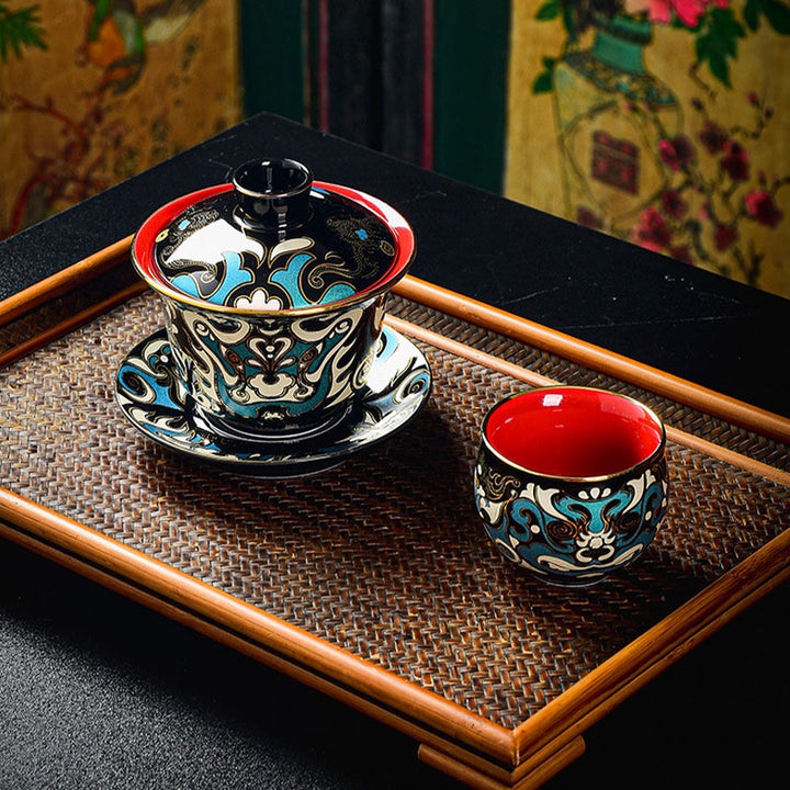 Buddha Stones Peking Opera Mask Pattern Ceramic Gaiwan Sancai Teacup Kung Fu Tea Cup And Saucer With Lid Teapot - image 4