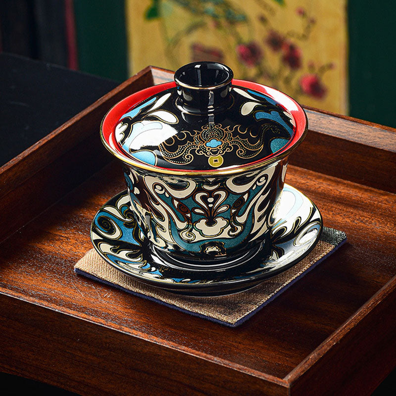 Buddha Stones Peking Opera Mask Pattern Ceramic Gaiwan Sancai Teacup Kung Fu Tea Cup And Saucer With Lid Teapot - image 2