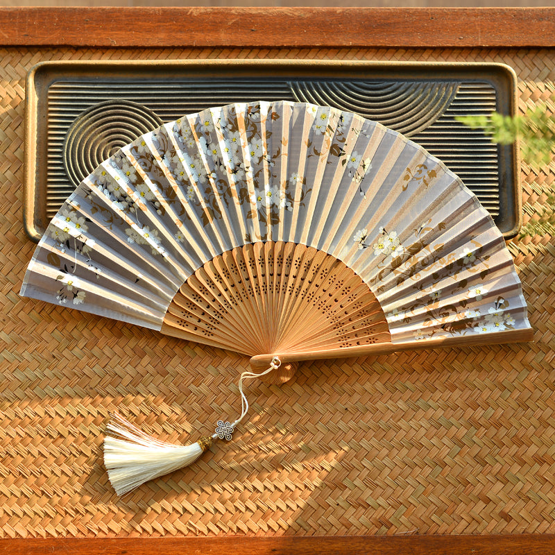 Buddha Stones Cherry Blossoms Sakura Handheld Bamboo Folding Fan 21cm - image 1