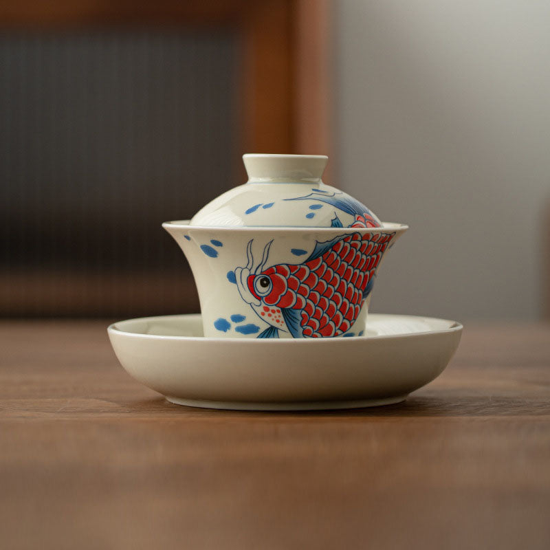 Buddha Stones Koi Fish Arowana Ceramic Gaiwan Sancai Teacup Kung Fu Tea Cup With Lid 130ml - image 2