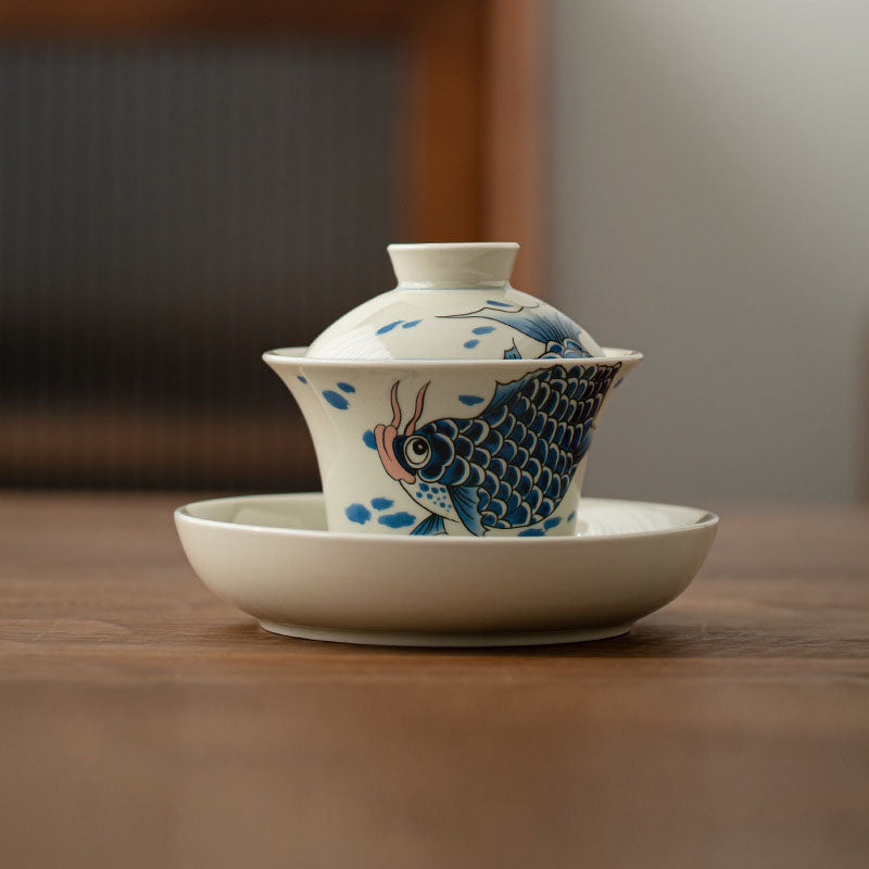 Buddha Stones Koi Fish Arowana Ceramic Gaiwan Sancai Teacup Kung Fu Tea Cup With Lid 130ml - Blue Koi Fish Gaiwan Teacup 13.5cm*9.7cm*130ml - image 16