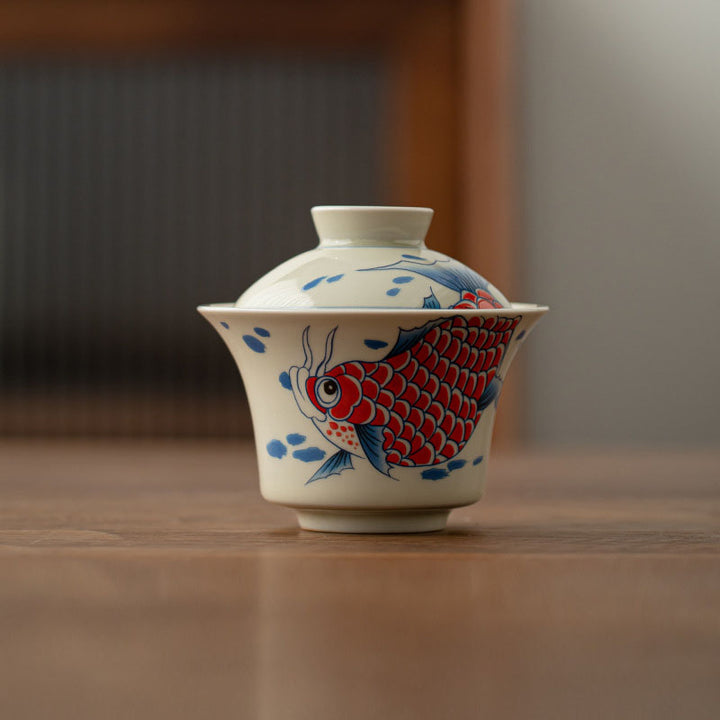 Buddha Stones Koi Fish Arowana Ceramic Gaiwan Sancai Teacup Kung Fu Tea Cup With Lid 130ml - Red Koi Fish Cup 9.5cm*8.8cm*130ml - image 25