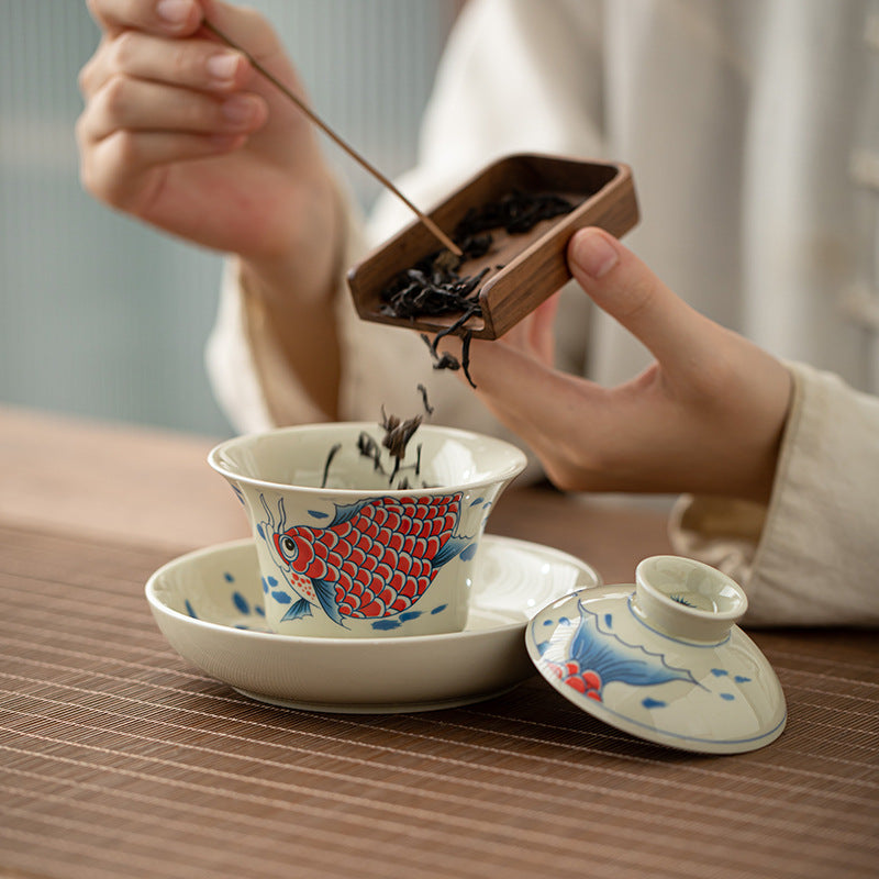 Buddha Stones Koi Fish Arowana Ceramic Gaiwan Sancai Teacup Kung Fu Tea Cup With Lid 130ml - image 8