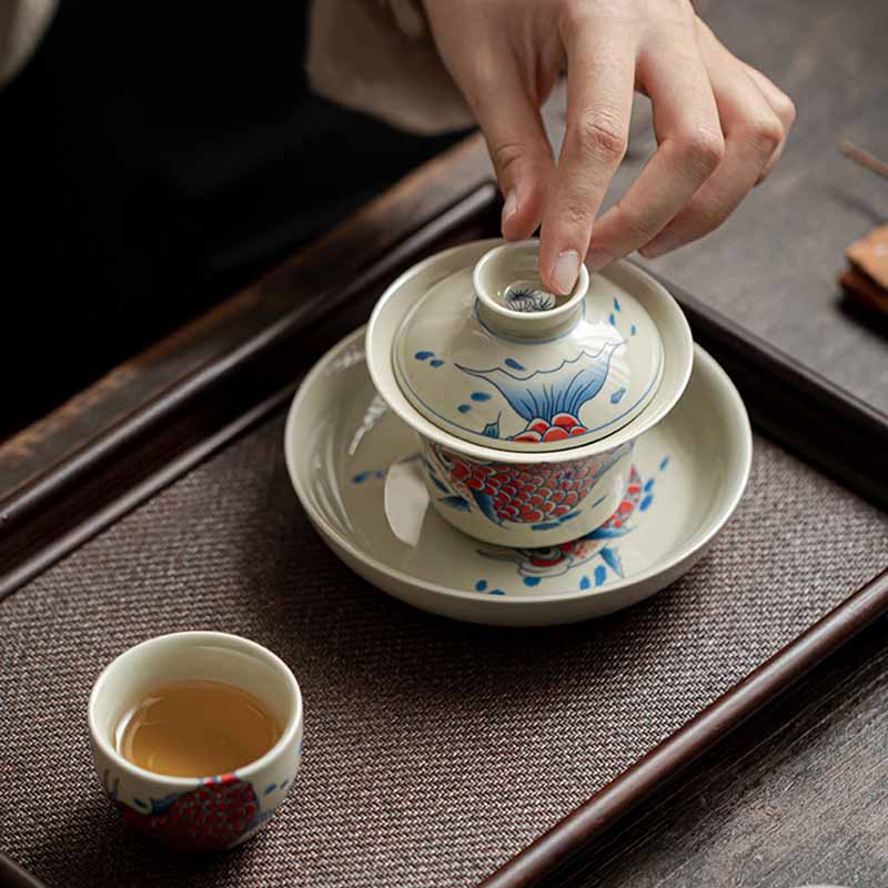Buddha Stones Koi Fish Arowana Ceramic Gaiwan Sancai Teacup Kung Fu Tea Cup With Lid 130ml - image 14