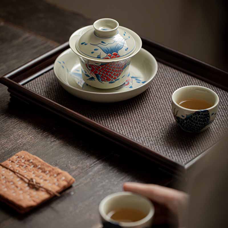 Buddha Stones Koi Fish Arowana Ceramic Gaiwan Sancai Teacup Kung Fu Tea Cup With Lid 130ml - image 12