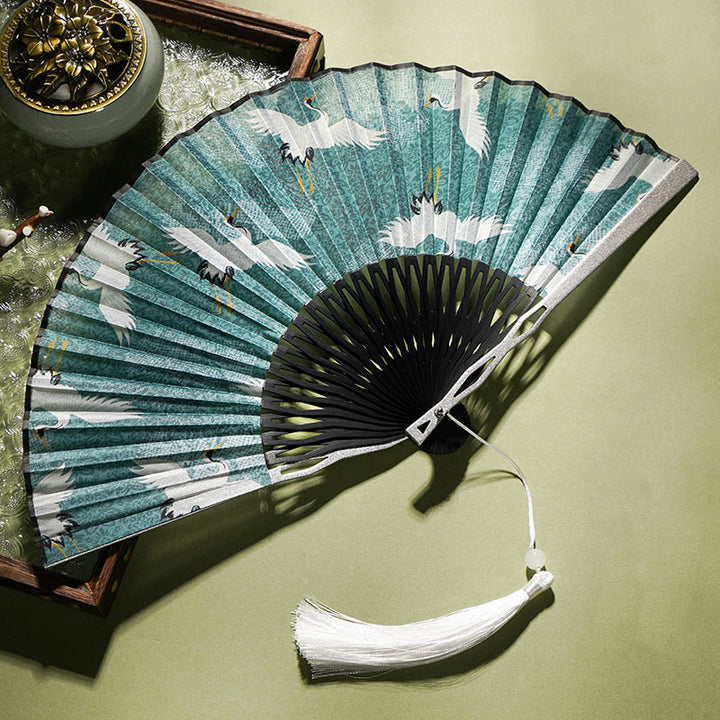 Buddha Stones Vintage Blue White Crane Pattern Handheld Silk Bamboo Folding Fan - Blue Crane 22.5cm - image 0