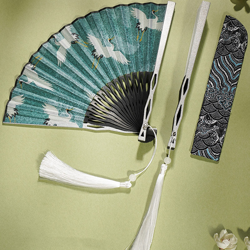 Buddha Stones Vintage Blue White Crane Pattern Handheld Silk Bamboo Folding Fan - image 2