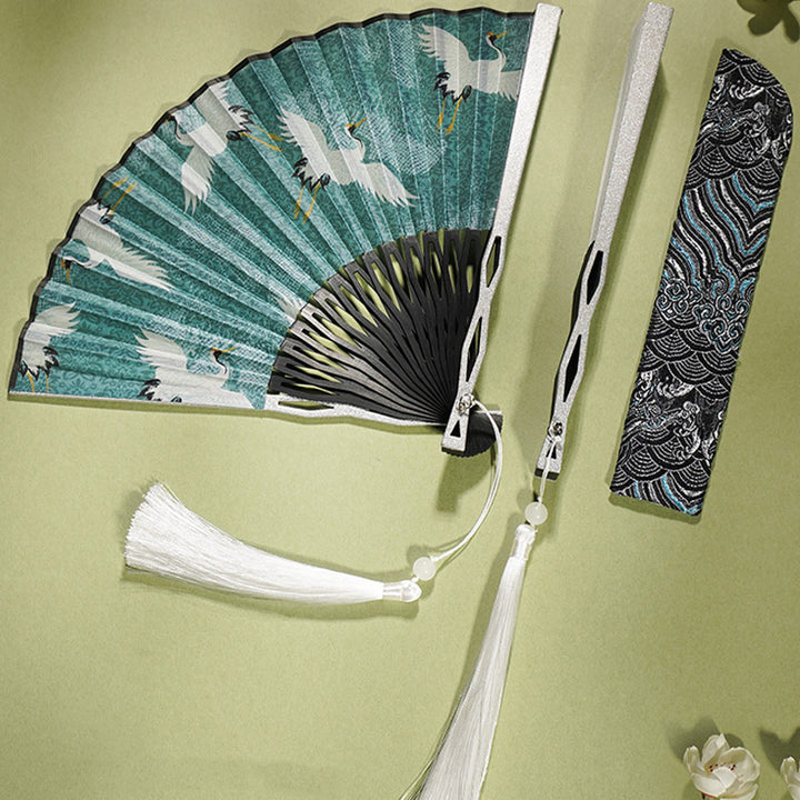 Buddha Stones Vintage Blue White Crane Pattern Handheld Silk Bamboo Folding Fan - image 2