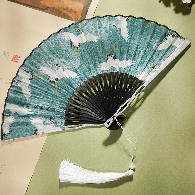 Buddha Stones Vintage Blue White Crane Pattern Handheld Silk Bamboo Folding Fan - image 1