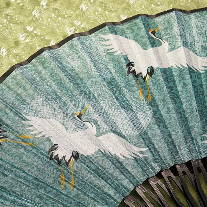 Buddha Stones Vintage Blue White Crane Pattern Handheld Silk Bamboo Folding Fan - image 3