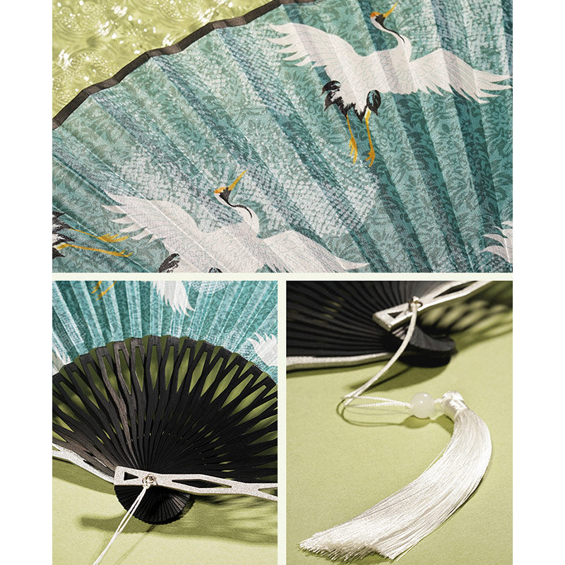 Buddha Stones Vintage Blue White Crane Pattern Handheld Silk Bamboo Folding Fan - image 6