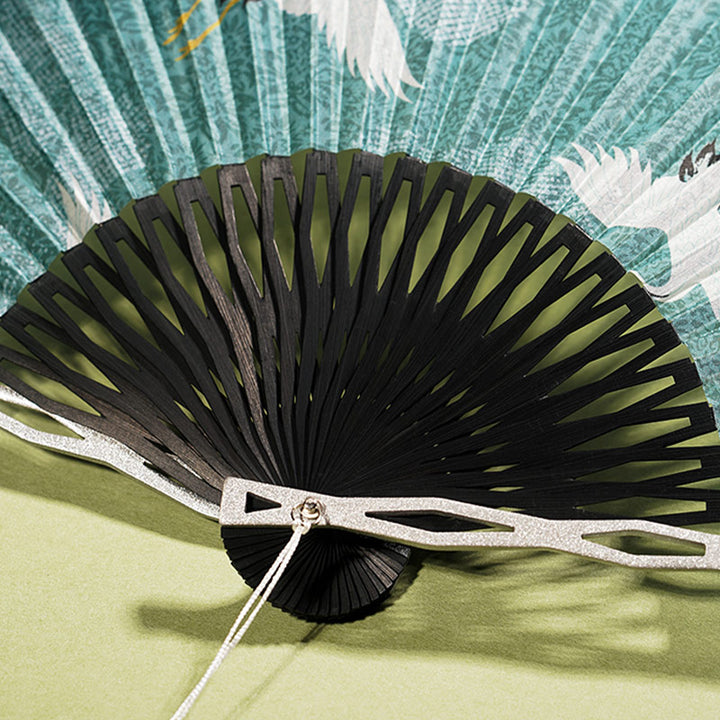 Buddha Stones Vintage Blue White Crane Pattern Handheld Silk Bamboo Folding Fan - image 4