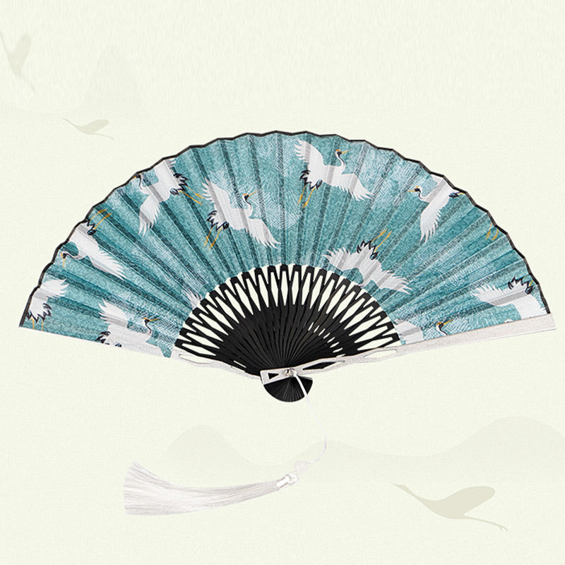 Buddha Stones Vintage Blue White Crane Pattern Handheld Silk Bamboo Folding Fan - image 7