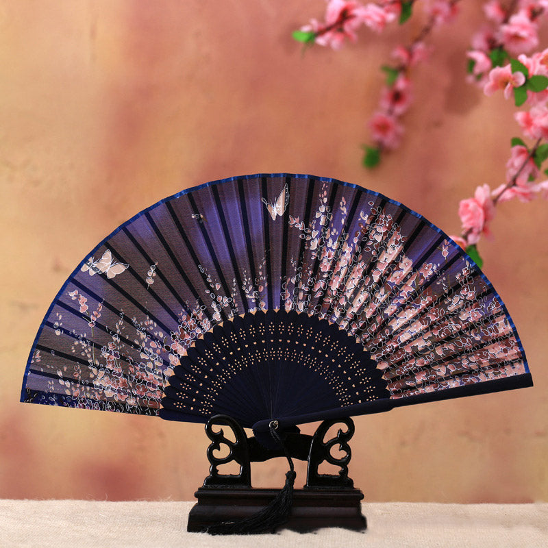 Buddha Stones Cherry Blossom Lily Butterfly Bamboo Handheld Bamboo Folding Fan 21cm - Blue Butterfly Cherry Blossom 21cm - image 1