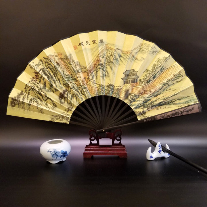 Buddha Stones Great Wall Mountains Trees Crane Bamboo Handheld Bamboo Folding Fan 33.5cm - Great Wall 33.5cm - image 0