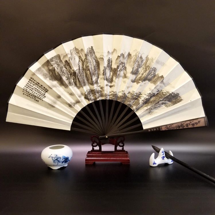 Buddha Stones Great Wall Mountains Trees Crane Bamboo Handheld Bamboo Folding Fan 33.5cm - Mountains Trees 33.5cm - image 1