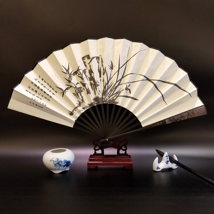 Buddha Stones Great Wall Mountains Trees Crane Bamboo Handheld Bamboo Folding Fan 33.5cm - Orchid 33.5cm - image 8