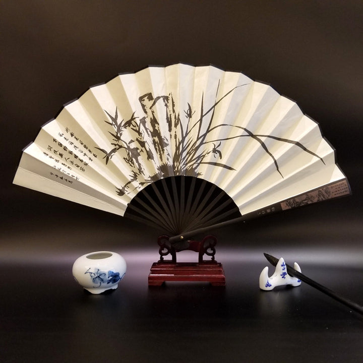Buddha Stones Great Wall Mountains Trees Crane Bamboo Handheld Bamboo Folding Fan 33.5cm - Orchid 33.5cm - image 8