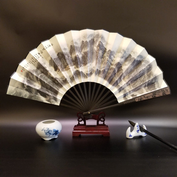 Buddha Stones Great Wall Mountains Trees Crane Bamboo Handheld Bamboo Folding Fan 33.5cm - Three Gorges Of The Yangtze River 33.5cm - image 11