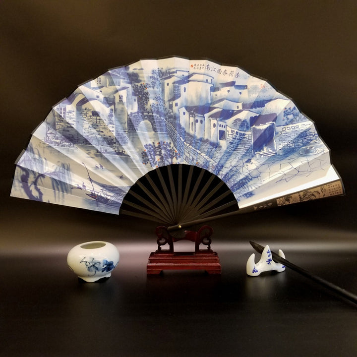 Buddha Stones Great Wall Mountains Trees Crane Bamboo Handheld Bamboo Folding Fan 33.5cm - Scenery 33.5cm - image 12