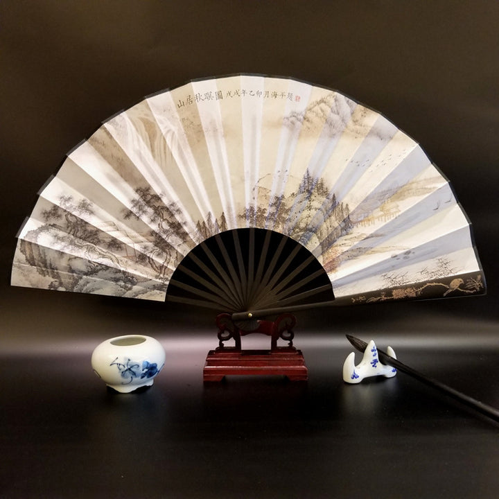 Buddha Stones Great Wall Mountains Trees Crane Bamboo Handheld Bamboo Folding Fan 33.5cm - Mountain Forest 33.5cm - image 15