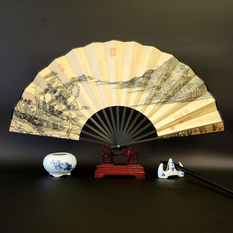 Buddha Stones Great Wall Mountains Trees Crane Bamboo Handheld Bamboo Folding Fan 33.5cm - Pine Forest 33.5cm - image 13