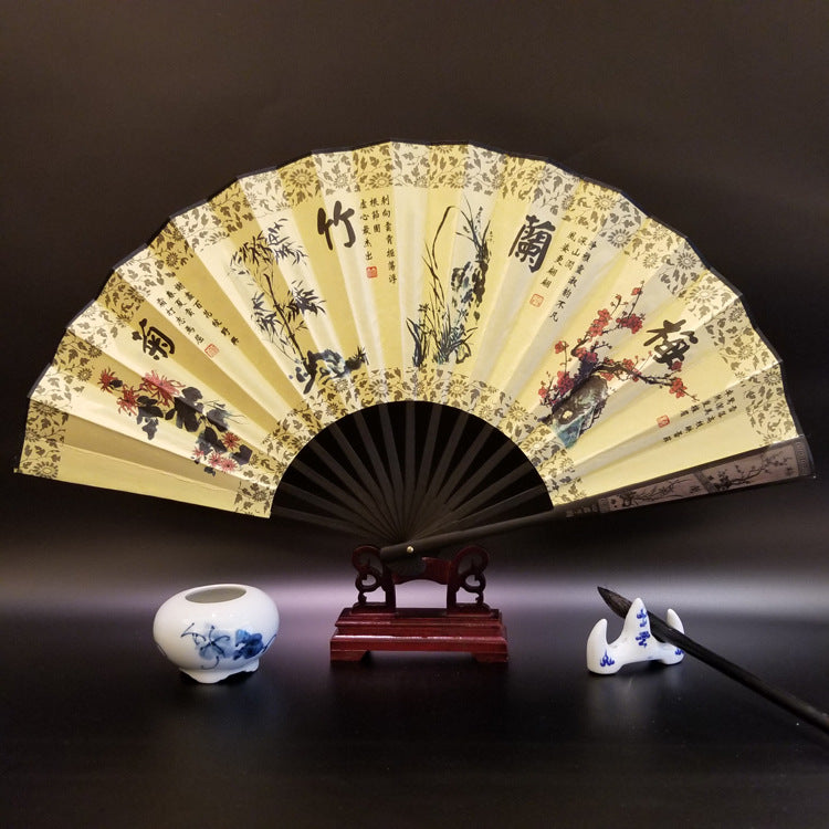 Buddha Stones Great Wall Mountains Trees Crane Bamboo Handheld Bamboo Folding Fan 33.5cm - Plum Orchid Bamboo Chrysanthemum 33.5cm - image 18