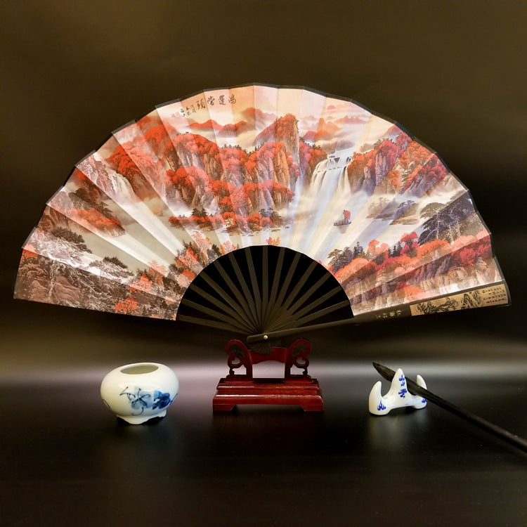 Buddha Stones Great Wall Mountains Trees Crane Bamboo Handheld Bamboo Folding Fan 33.5cm - Red Forest 33.5cm - image 20