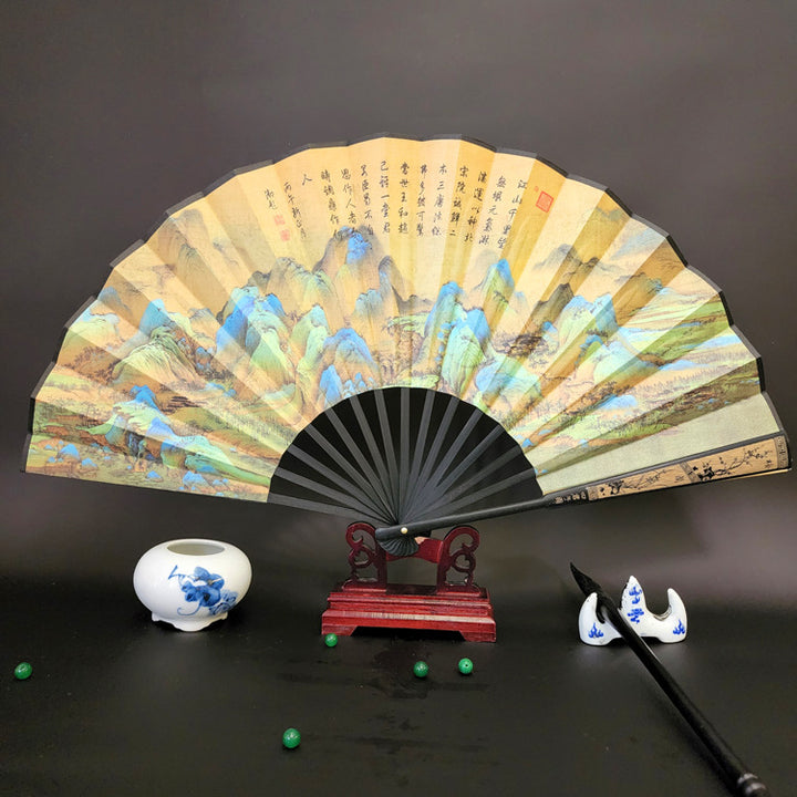 Buddha Stones Great Wall Mountains Trees Crane Bamboo Handheld Bamboo Folding Fan 33.5cm - A Panorama Of Rivers And Mountains 33.5cm - image 21