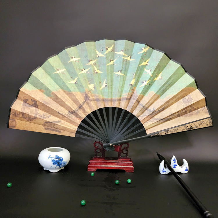 Buddha Stones Great Wall Mountains Trees Crane Bamboo Handheld Bamboo Folding Fan 33.5cm - Auspicious Crane 33.5cm - image 23