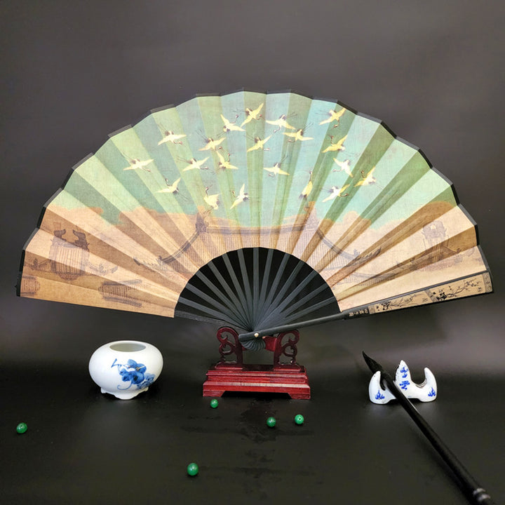 Buddha Stones Great Wall Mountains Trees Crane Bamboo Handheld Bamboo Folding Fan 33.5cm - Auspicious Crane 33.5cm - image 23