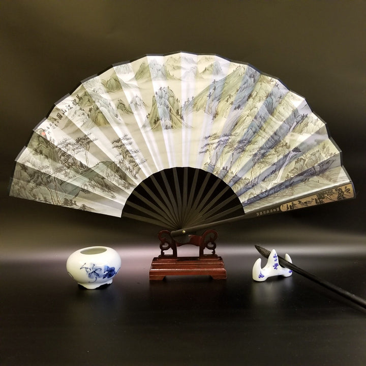 Buddha Stones Great Wall Mountains Trees Crane Bamboo Handheld Bamboo Folding Fan 33.5cm - Thousands Of Miles Of Rivers And Mountains 33.5cm - image 24