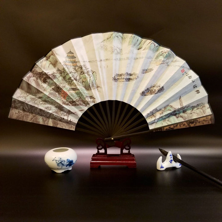Buddha Stones Great Wall Mountains Trees Crane Bamboo Handheld Bamboo Folding Fan 33.5cm - Splendid West Lake 33.5cm - image 25