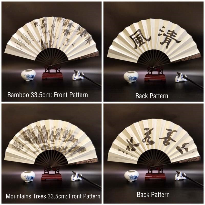Buddha Stones Great Wall Mountains Trees Crane Bamboo Handheld Bamboo Folding Fan 33.5cm - image 7
