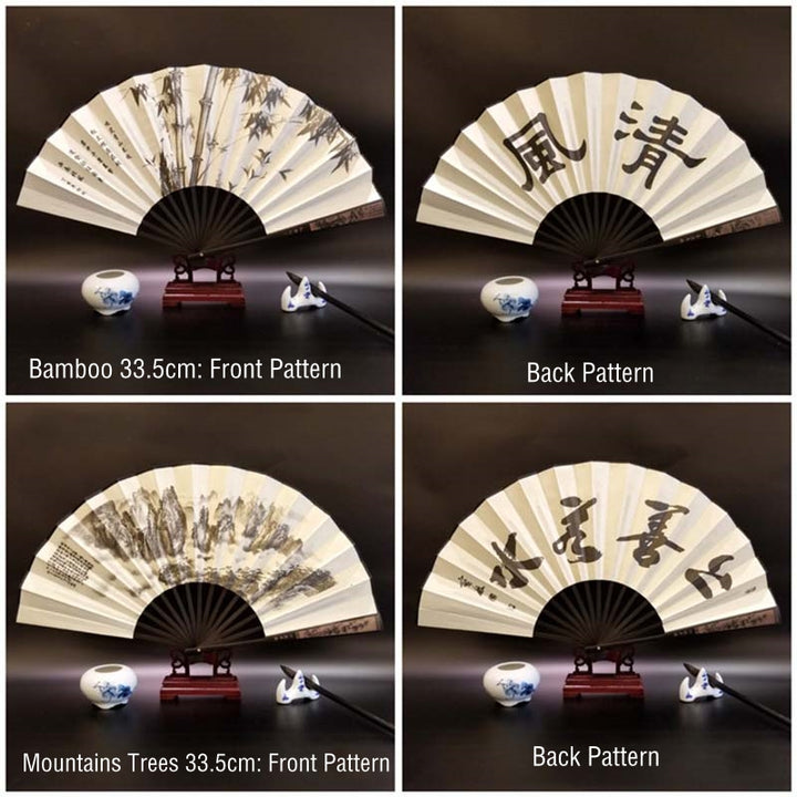 Buddha Stones Great Wall Mountains Trees Crane Bamboo Handheld Bamboo Folding Fan 33.5cm - image 7