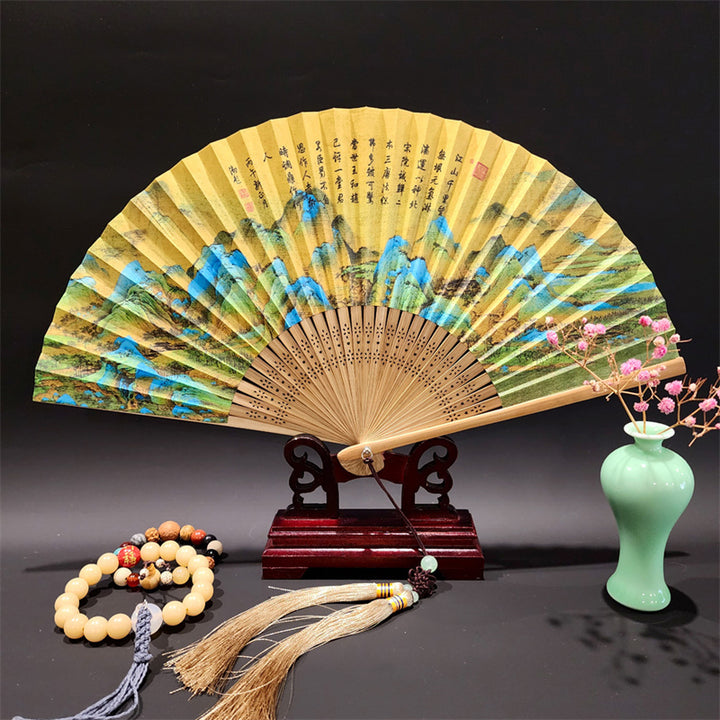 Buddha Stones A Panorama Of Rivers And Mountains Cranes Orchid Flower Paper Bamboo Handheld Silk Bamboo Folding Fan 22cm - A Panorama Of Rivers And Mountains 22cm - image 0