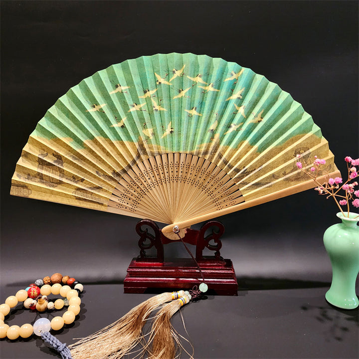 Buddha Stones A Panorama Of Rivers And Mountains Cranes Orchid Flower Paper Bamboo Handheld Silk Bamboo Folding Fan 22cm - Auspicious Cranes 22cm - image 2