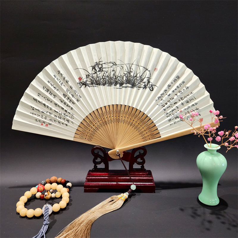 Buddha Stones A Panorama Of Rivers And Mountains Cranes Orchid Flower Paper Bamboo Handheld Silk Bamboo Folding Fan 22cm - Orchid 22cm - image 3