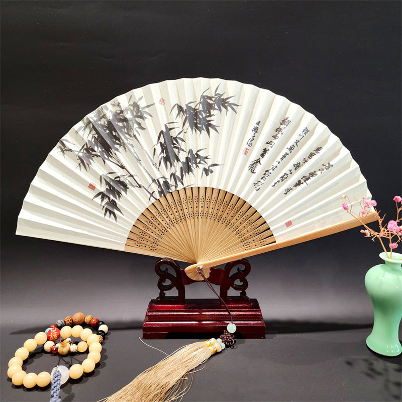 Buddha Stones A Panorama Of Rivers And Mountains Cranes Orchid Flower Paper Bamboo Handheld Silk Bamboo Folding Fan 22cm - Bamboo Leaves 22cm - image 8