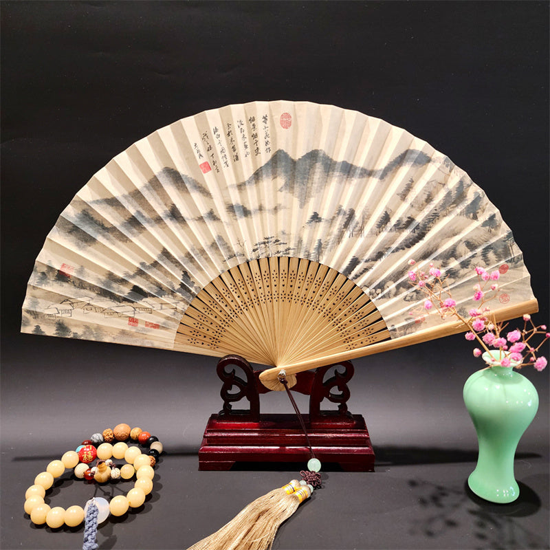 Buddha Stones A Panorama Of Rivers And Mountains Cranes Orchid Flower Paper Bamboo Handheld Silk Bamboo Folding Fan 22cm - Mountains Clouds 22cm - image 9