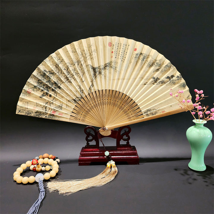 Buddha Stones A Panorama Of Rivers And Mountains Cranes Orchid Flower Paper Bamboo Handheld Silk Bamboo Folding Fan 22cm - Mountains Trees 22cm - image 10