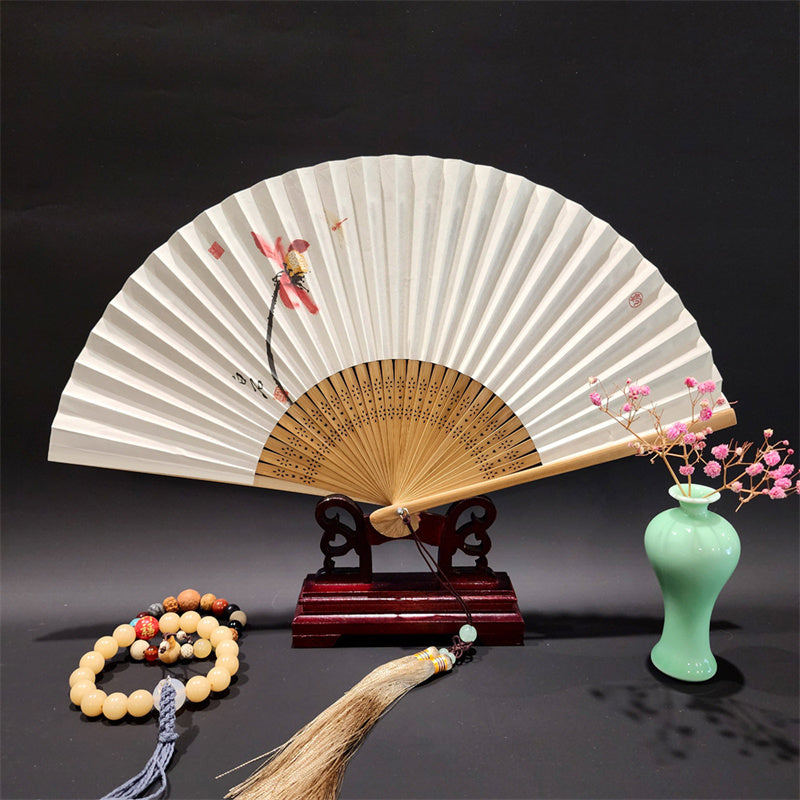 Buddha Stones A Panorama Of Rivers And Mountains Cranes Orchid Flower Paper Bamboo Handheld Silk Bamboo Folding Fan 22cm - Red Lotus 22cm - image 11