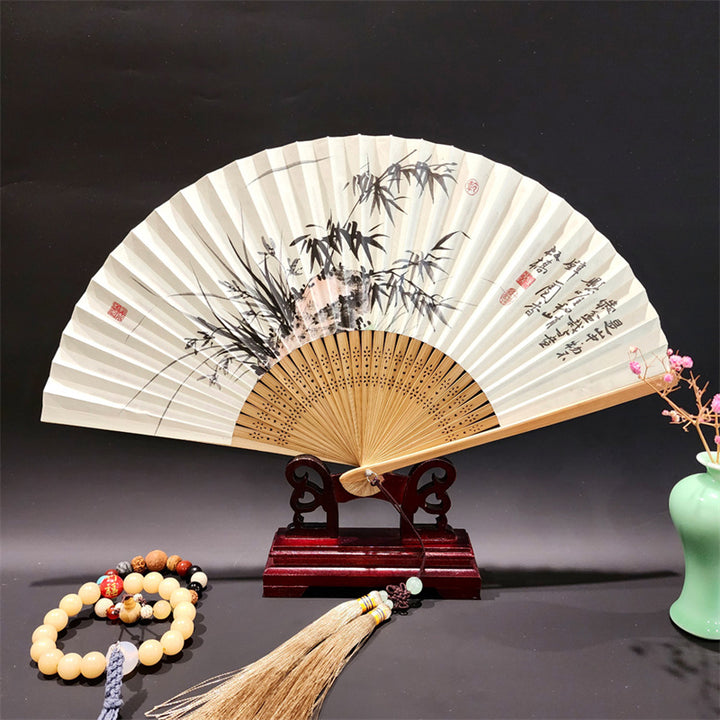 Buddha Stones A Panorama Of Rivers And Mountains Cranes Orchid Flower Paper Bamboo Handheld Silk Bamboo Folding Fan 22cm - Bamboo Grass 22cm - image 12