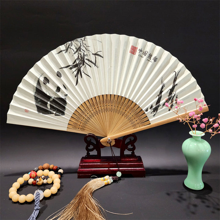 Buddha Stones A Panorama Of Rivers And Mountains Cranes Orchid Flower Paper Bamboo Handheld Silk Bamboo Folding Fan 22cm - Panda 22cm - image 14
